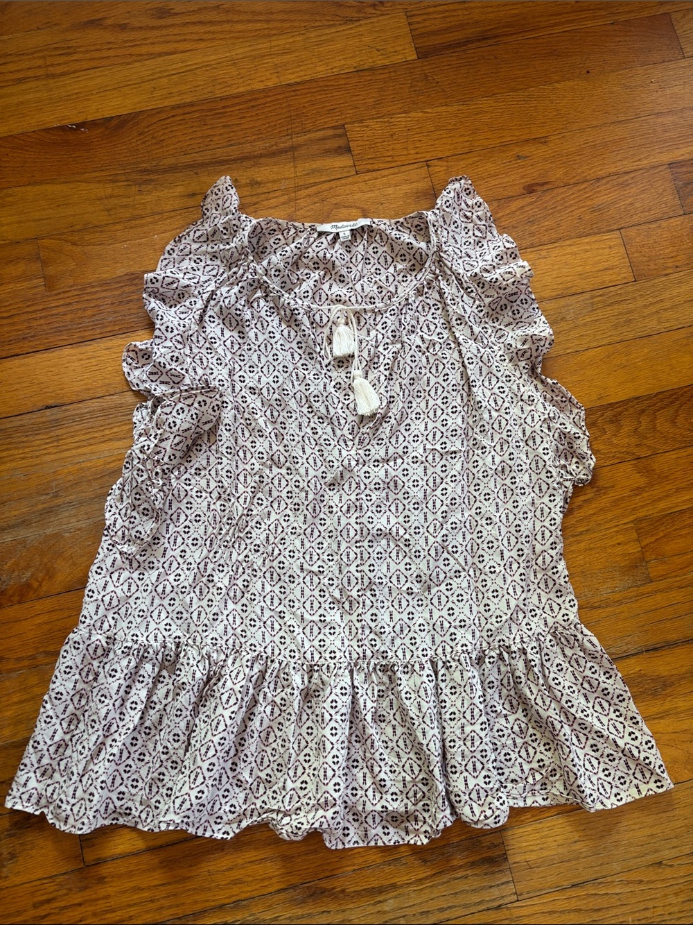 Madewell Cream and Brown Printed Ruffle flutter Sleeve Tunic tank